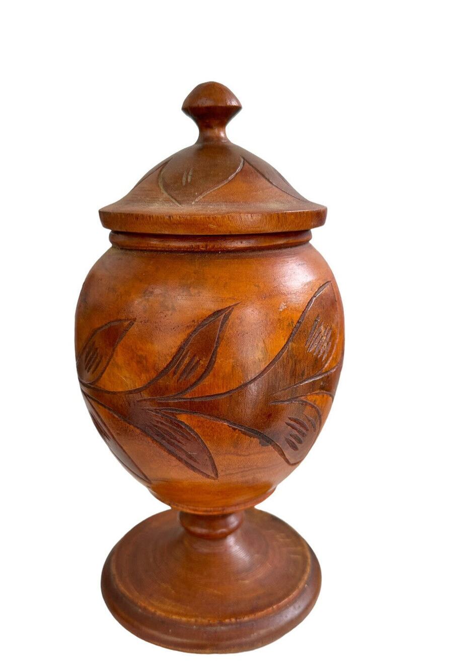 Vintage Hand Carved Wood Dish bowl Goblet with lid Floral leaf design 7.25x4 in